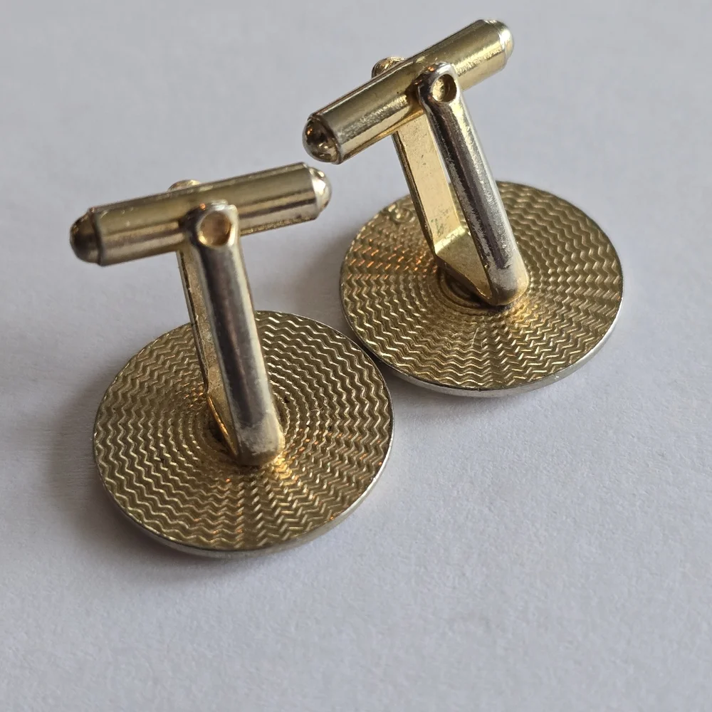 Vintage spiral cufflinks pale gold tone black enamel cuff links swirl men round